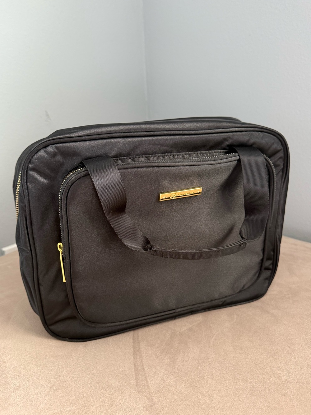 Joy Mangano Black Travel Toiletry Bag Cosmetic Organizer Carry Case Gold Hanging